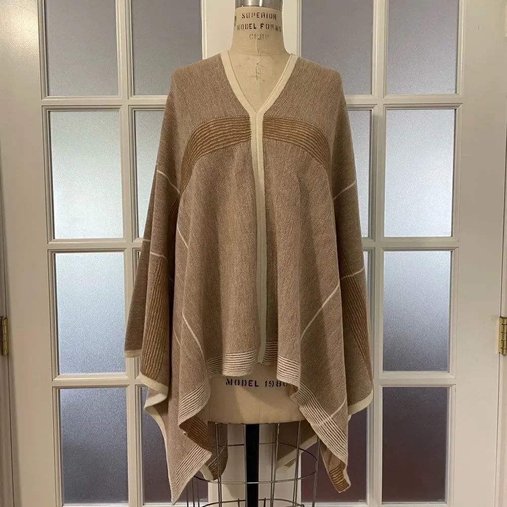 Echoview Fiber Mill Camel-Tan/Ivory Wool Poncho O/S Made In USA